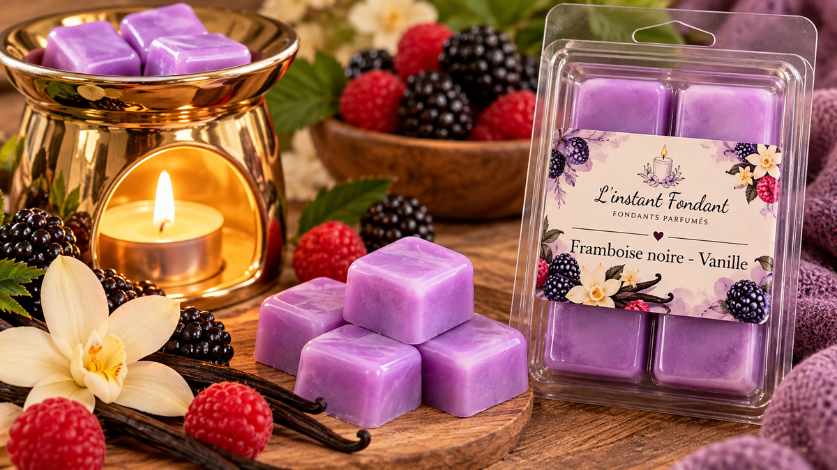 Fondants parfumés Framboise Noire Vanille violets faits main en cire de soja - L'instant Fondant